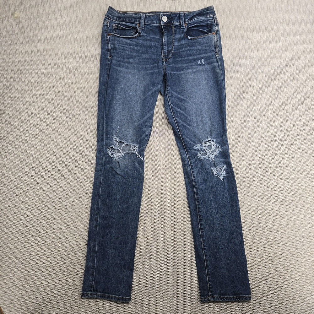 American Eagle Jeans Womens 12 Blue Skinny Super Stretch Distressed Embellished